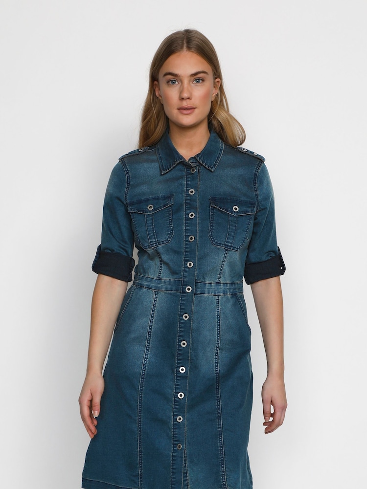 Cream Uniform Blue Denim Dress - Image 1 of 4