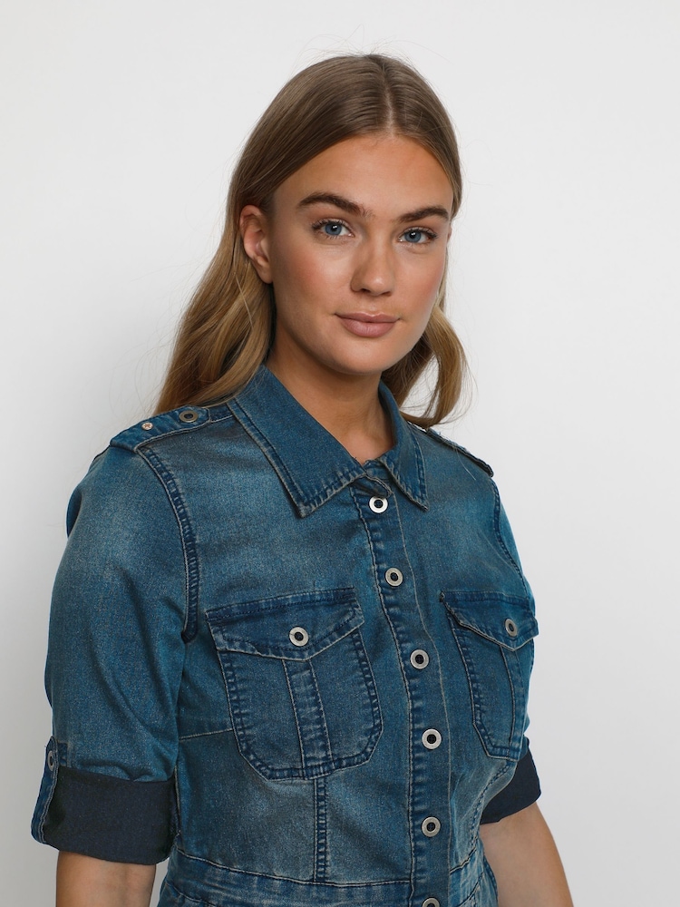 Cream Uniform Blue Denim Dress - Image 2 of 4