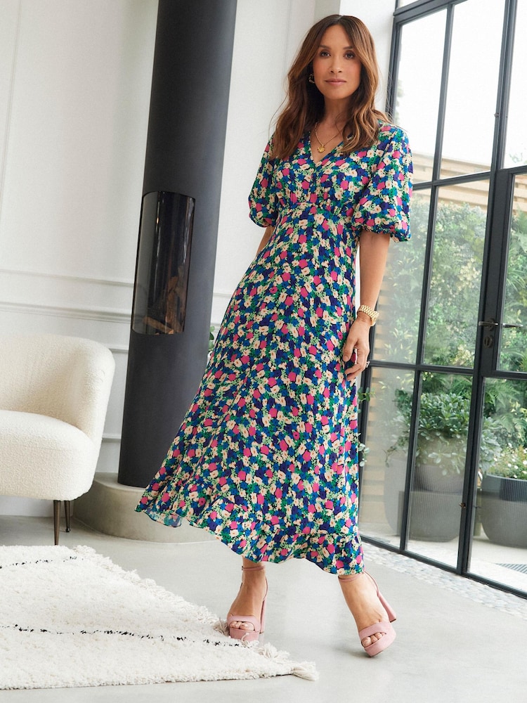 Myleene Klass V-Neck Pink Floral Midi Tea Dress - Image 1 of 7