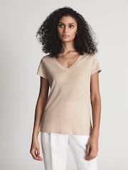 Reiss Stone Lottie Linen V Neck T-Shirt - Image 1 of 6