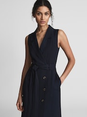 Reiss Navy Mariah Linen Belted Button Midi Dress - Image 1 of 6