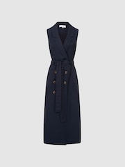 Reiss Navy Mariah Linen Belted Button Midi Dress - Image 2 of 6