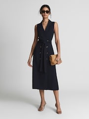 Reiss Navy Mariah Linen Belted Button Midi Dress - Image 3 of 6