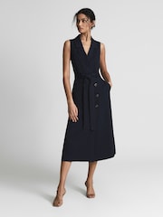 Reiss Navy Mariah Linen Belted Button Midi Dress - Image 4 of 6