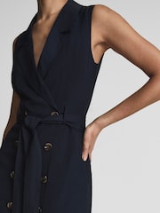 Reiss Navy Mariah Linen Belted Button Midi Dress - Image 6 of 6