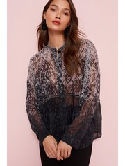 Grey/Black Ombre Animal Print Trim Detail Button Front Top - Image 3 of 6