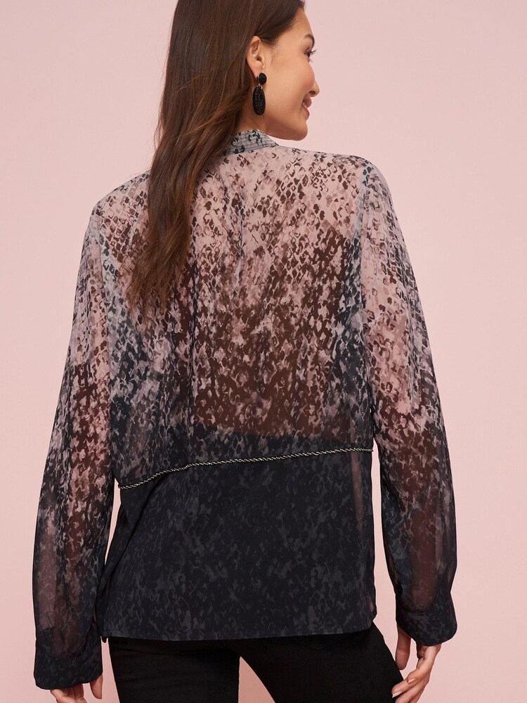 Grey/Black Ombre Animal Print Trim Detail Button Front Top - Image 4 of 6