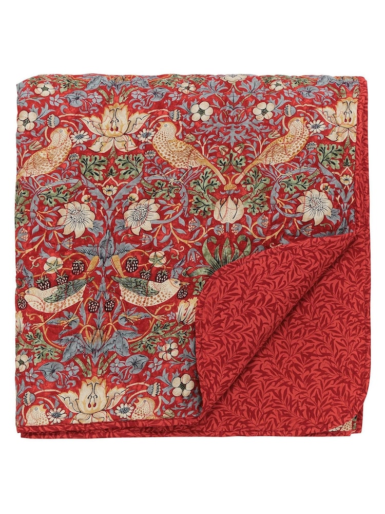 Morris & Co. Crimson Red Strawberry Thief 300 Thread Count 100% Cotton Bedspread - Image 3 of 3
