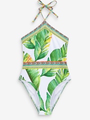 Green/Ecru High Neck Halterneck Tummy Control Swimsuit - Image 5 of 5