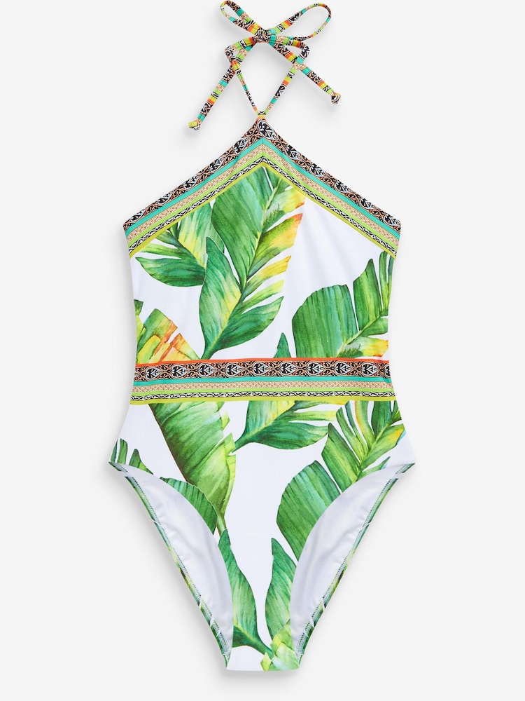 Green/Ecru High Neck Halterneck Tummy Control Swimsuit - Image 5 of 5