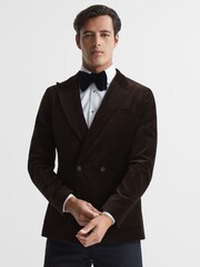 Reiss Chocolate Harlequin Chocolate Double Breasted Slim Fit Velvet Blazer - Image 1 of 9