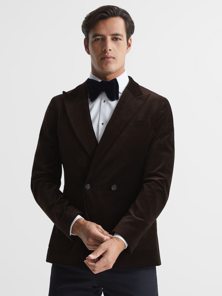 Reiss Chocolate Harlequin Chocolate Double Breasted Slim Fit Velvet Blazer - Image 1 of 9