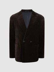 Reiss Chocolate Harlequin Chocolate Double Breasted Slim Fit Velvet Blazer - Image 2 of 9