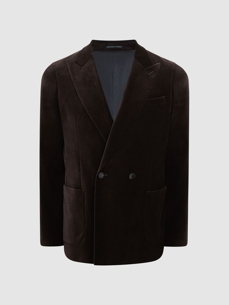 Reiss Chocolate Harlequin Chocolate Double Breasted Slim Fit Velvet Blazer - Image 2 of 9