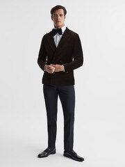Reiss Chocolate Harlequin Chocolate Double Breasted Slim Fit Velvet Blazer - Image 3 of 9