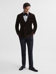 Reiss Chocolate Harlequin Chocolate Double Breasted Slim Fit Velvet Blazer - Image 7 of 9