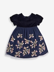 JoJo Maman Bébé Navy Blue Floral Embroidered Tulle Party Dress - Image 1 of 4
