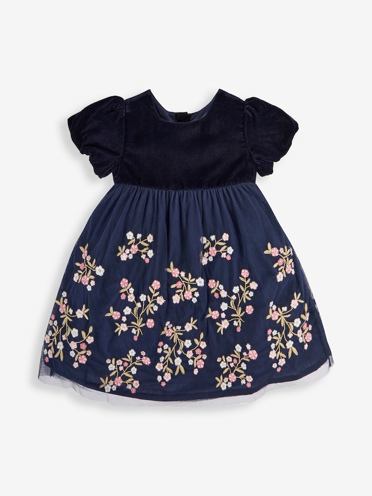 JoJo Maman Bébé Navy Blue Floral Embroidered Tulle Party Dress - Image 1 of 4