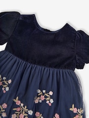 JoJo Maman Bébé Navy Blue Floral Embroidered Tulle Party Dress - Image 3 of 4