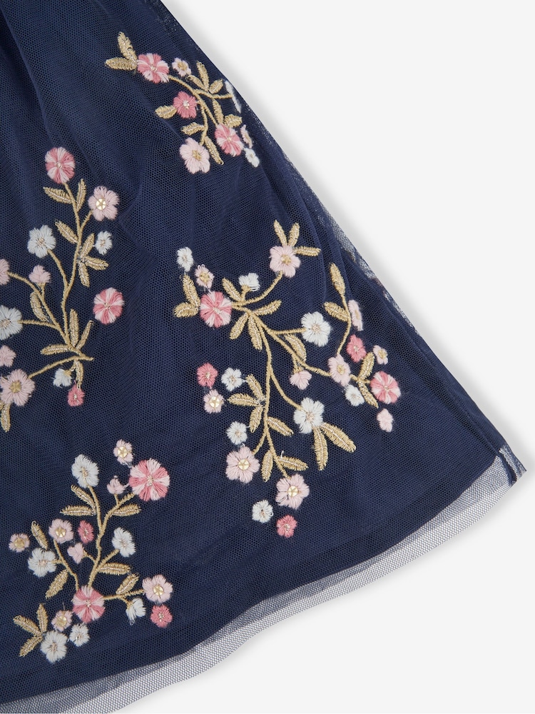 JoJo Maman Bébé Navy Blue Floral Embroidered Tulle Party Dress - Image 4 of 4