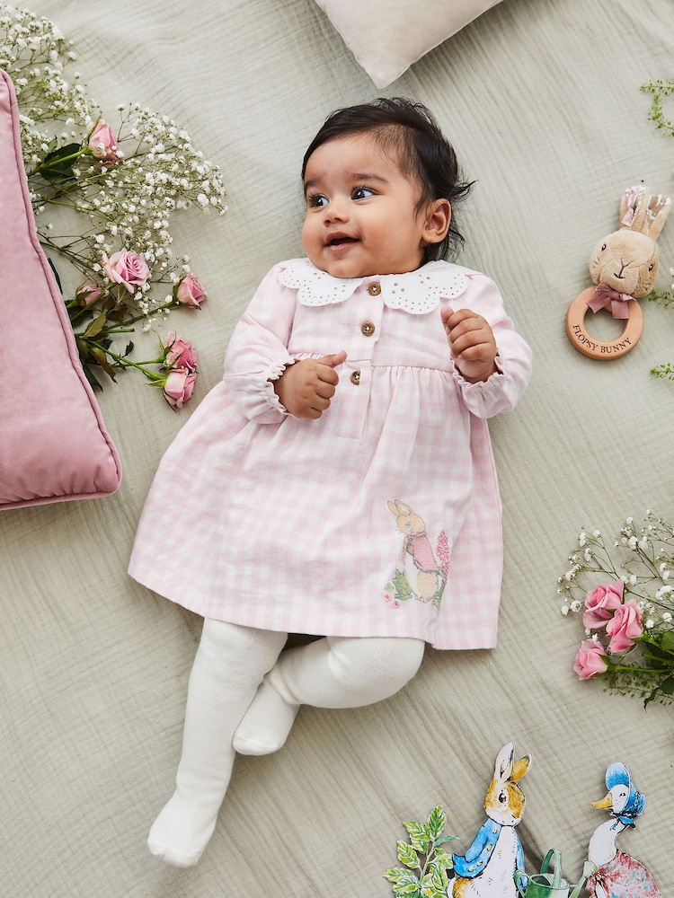 JoJo Maman Bébé Pink Peter Rabbit Gingham Appliqué Dress & Tights Set - Image 1 of 8