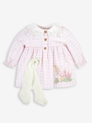 JoJo Maman Bébé Pink Peter Rabbit Gingham Appliqué Dress & Tights Set - Image 4 of 8