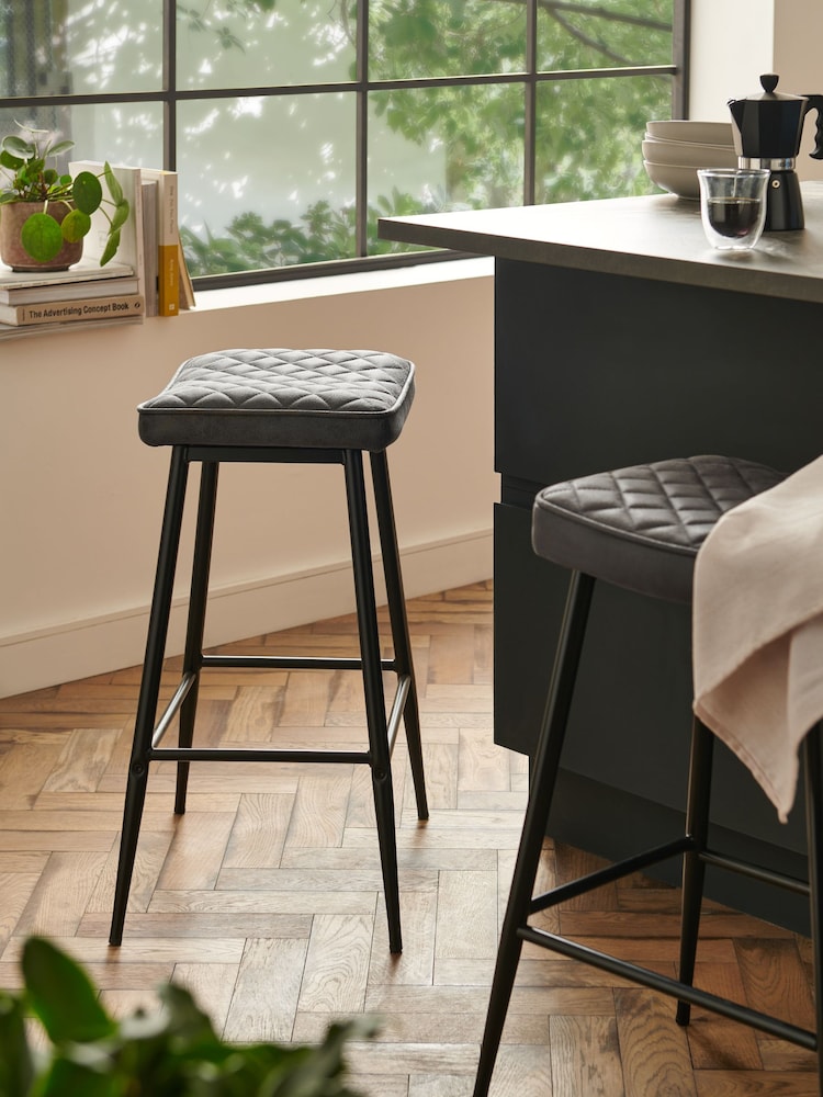 Set of 2 Monza Faux Leather Dark Grey Hamilton Quilted Kitchen Bar Stools - Image 1 of 5