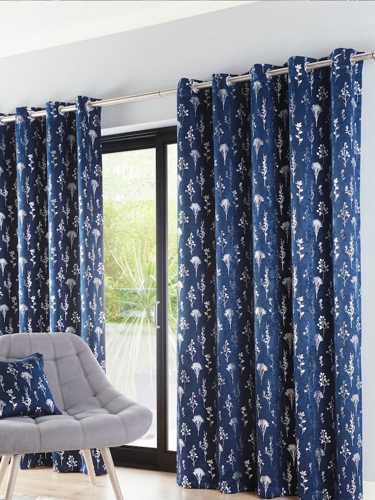 Enhanced Living Blue Fleur Eyelet Ready Made Blackout Eyelet Curtains - Image 1 of 4