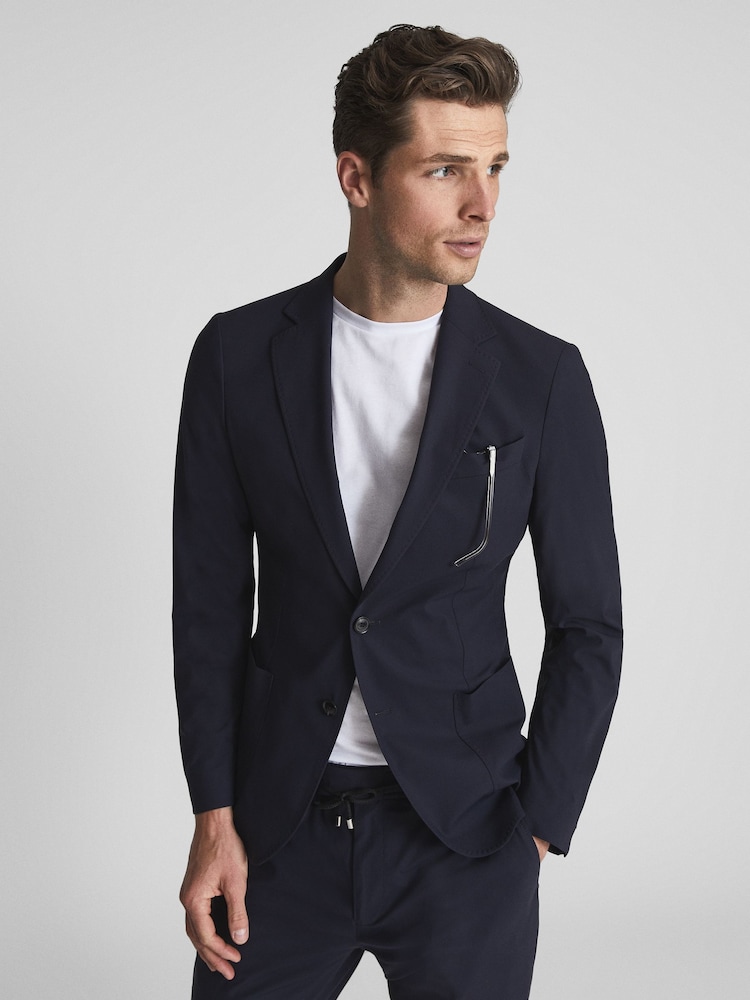 Reiss Navy Voyage Single Breasted Technical Slim Fit Blazer - Image 7 of 7