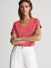 Reiss Coral Luana Cotton-Jersey V-Neck T-Shirt - Image 1 of 5