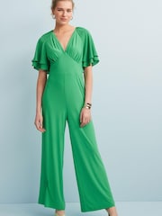 Green Flute Sleeve V-Neck Jumpsuit - Image 1 of 2