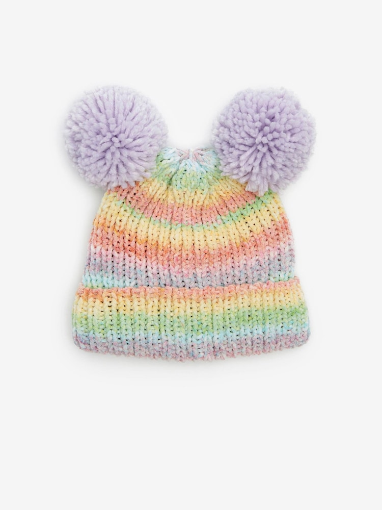 Rainbow Stripe Double Pom Pom Beanie Hat (3mths-6yrs) - Image 1 of 2 Rainbow Stripe Double Pom Pom Beanie Hat (3mths-6yrs) - Image 1 of 2