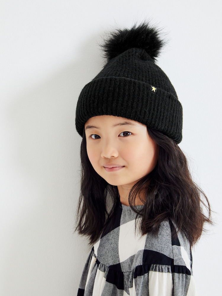 Black Pom Pom Beanie Hat (3-16yrs) - Image 1 of 3