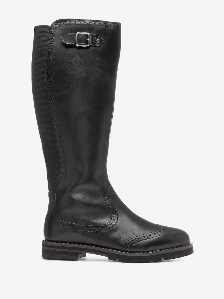 Black Extra Wide Fit Forever Comfort® Leather Brogue Detail Knee High Boots - Image 1 of 4