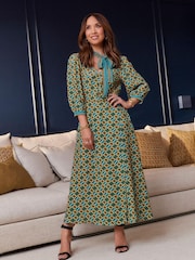 Myleene Klass Green Printed Tie Neck Midi Dress - Image 1 of 13