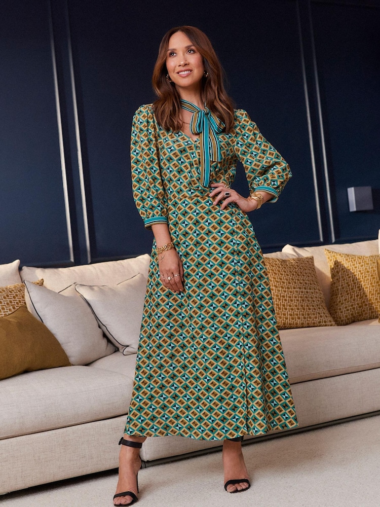 Myleene Klass Green Printed Tie Neck Midi Dress - Image 1 of 13 Myleene Klass Green Printed Tie Neck Midi Dress - Image 1 of 13