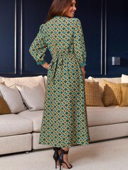 Myleene Klass Green Printed Tie Neck Midi Dress - Image 10 of 13