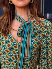 Myleene Klass Green Printed Tie Neck Midi Dress - Image 11 of 13