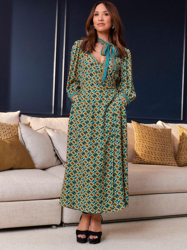 Myleene Klass Green Printed Tie Neck Midi Dress - Image 2 of 13 Myleene Klass Green Printed Tie Neck Midi Dress - Image 2 of 13