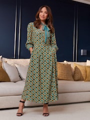 Myleene Klass Green Printed Tie Neck Midi Dress - Image 4 of 13