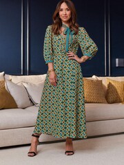 Myleene Klass Green Printed Tie Neck Midi Dress - Image 5 of 13
