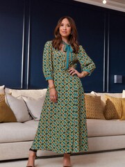 Myleene Klass Green Printed Tie Neck Midi Dress - Image 6 of 13