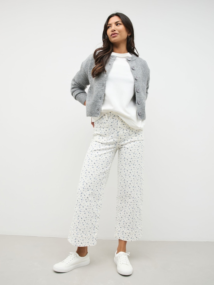 Ecru Ditsy Print Cropped Patch Pocket Jeans - Image 1 of 6 Ecru Ditsy Print Cropped Patch Pocket Jeans - Image 1 of 6