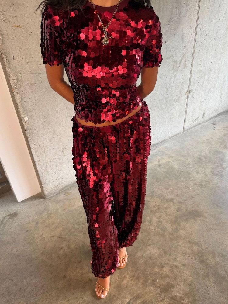 Never Fully Dressed Red Sequin Naomi Trousers - Image 2 of 7 Never Fully Dressed Red Sequin Naomi Trousers - Image 2 of 7