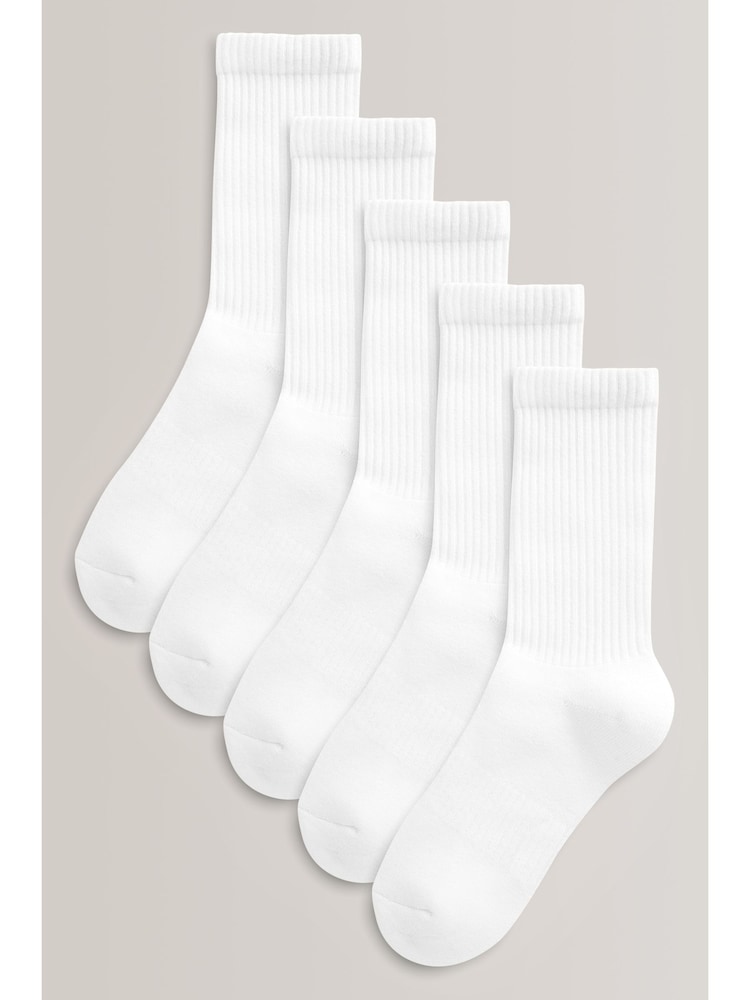 White 5 Pack Cotton Rich Cushioned Footbed Ribbed Socks - Image 1 of 3