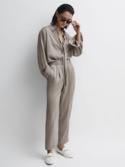 Reiss Mink Elaina Satin Elasticated Tapered Trousers - Image 1 of 5