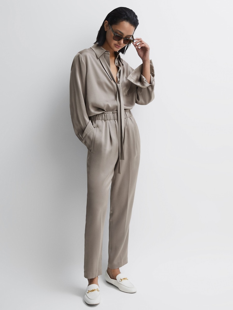 Reiss Mink Elaina Satin Elasticated Tapered Trousers - Image 1 of 5