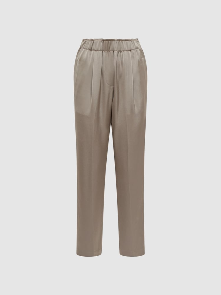Reiss Mink Elaina Satin Elasticated Tapered Trousers - Image 2 of 5