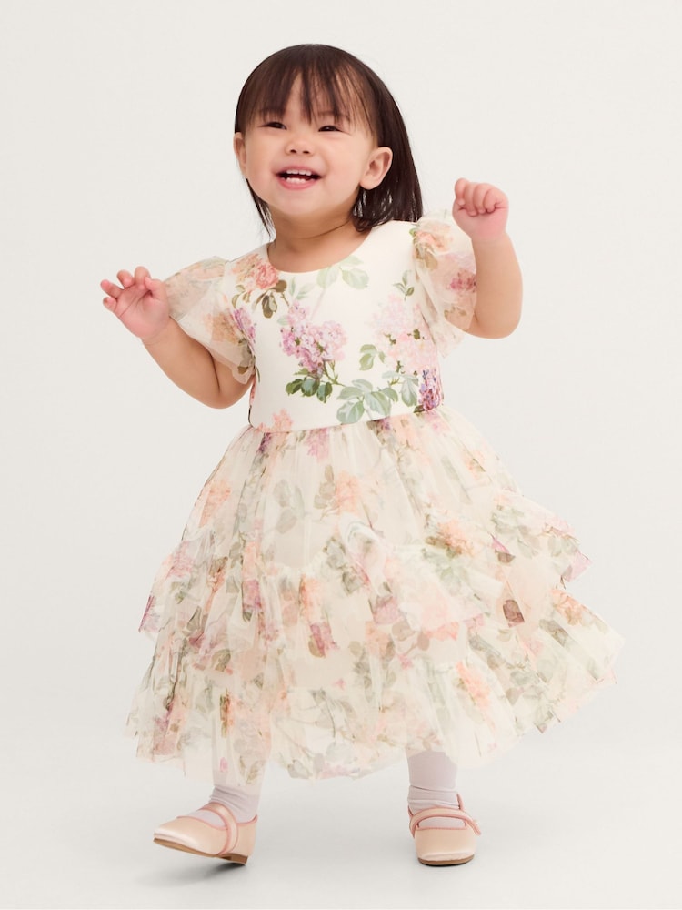 Monsoon Cream Baby Roma Floral Print Ruffle Party Dress - Image 1 of 4 Monsoon Cream Baby Roma Floral Print Ruffle Party Dress - Image 1 of 4