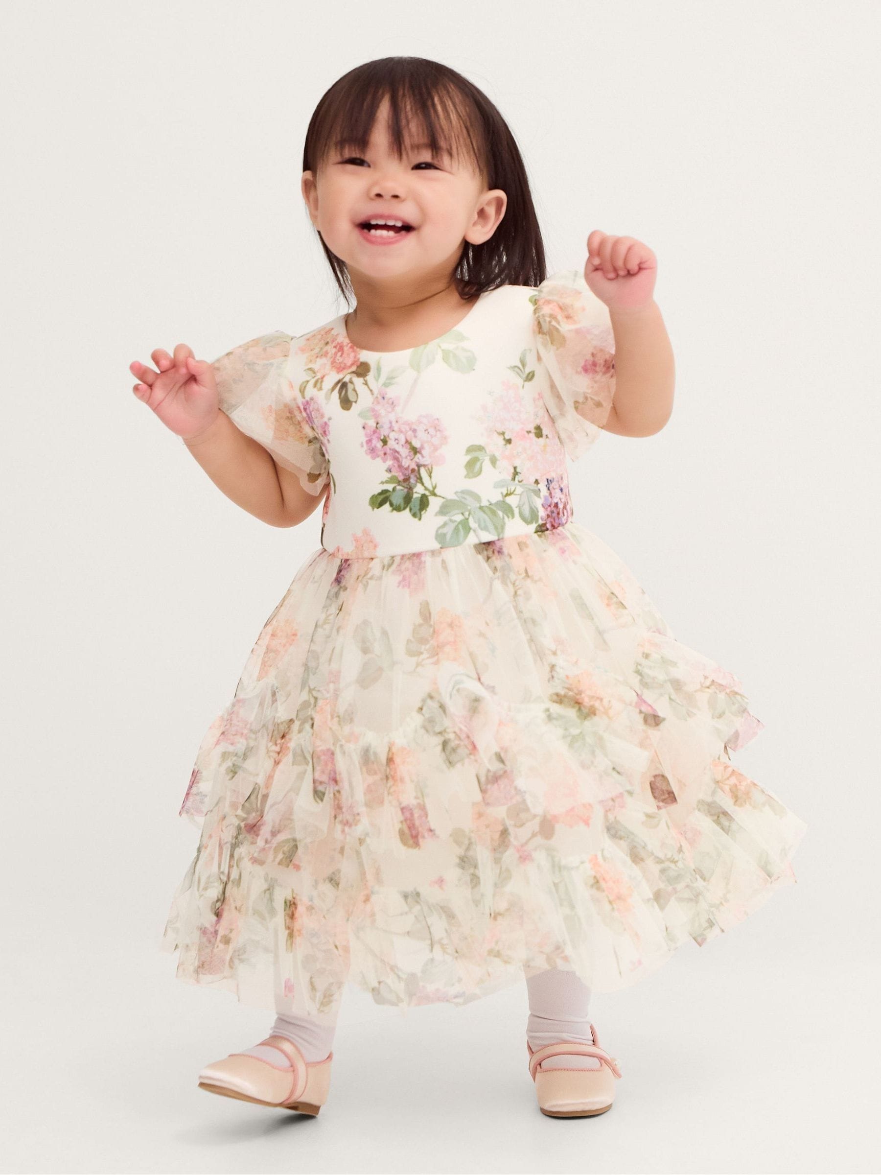 Monsoon Cream Baby Roma Floral Print Ruffle Party Dress view 1
